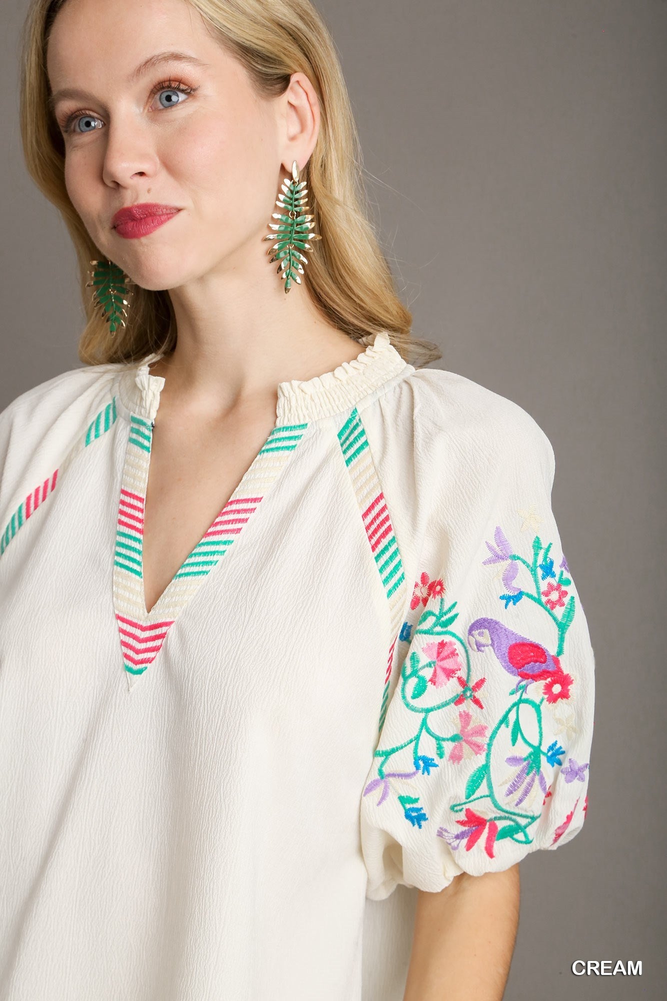 Cream V-Neck Top w/ Embroidery Detailed Sleeves