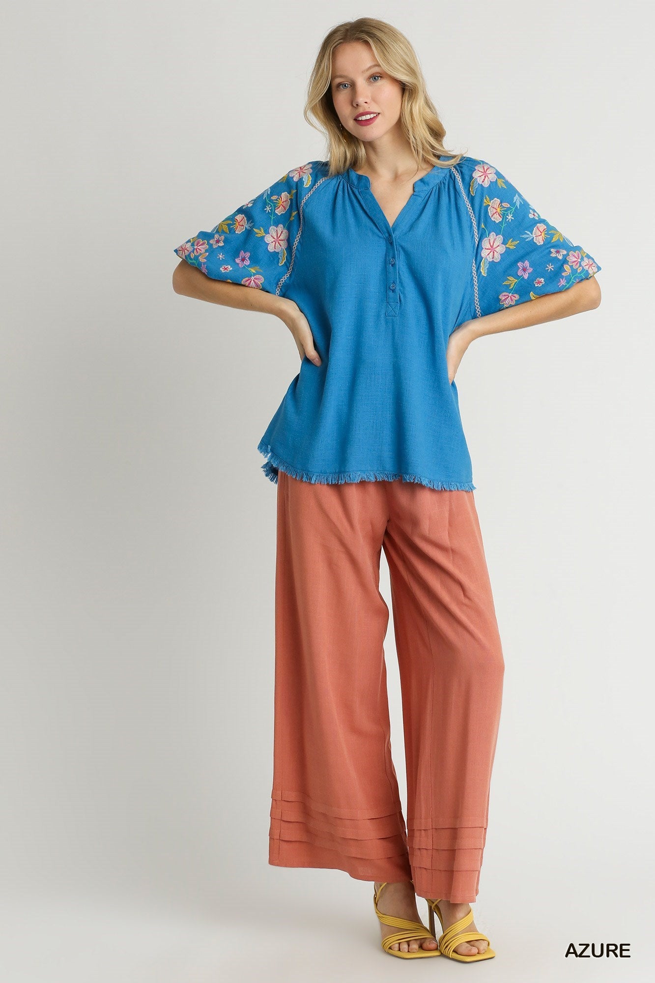 Azure Linen Button Down Top with Embroidery Sleeve