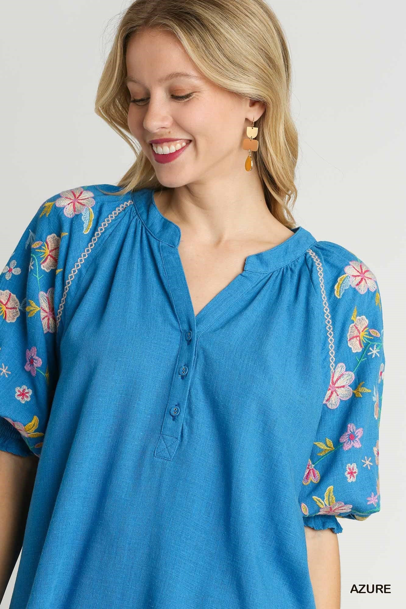 Azure Linen Button Down Top with Embroidery Sleeve