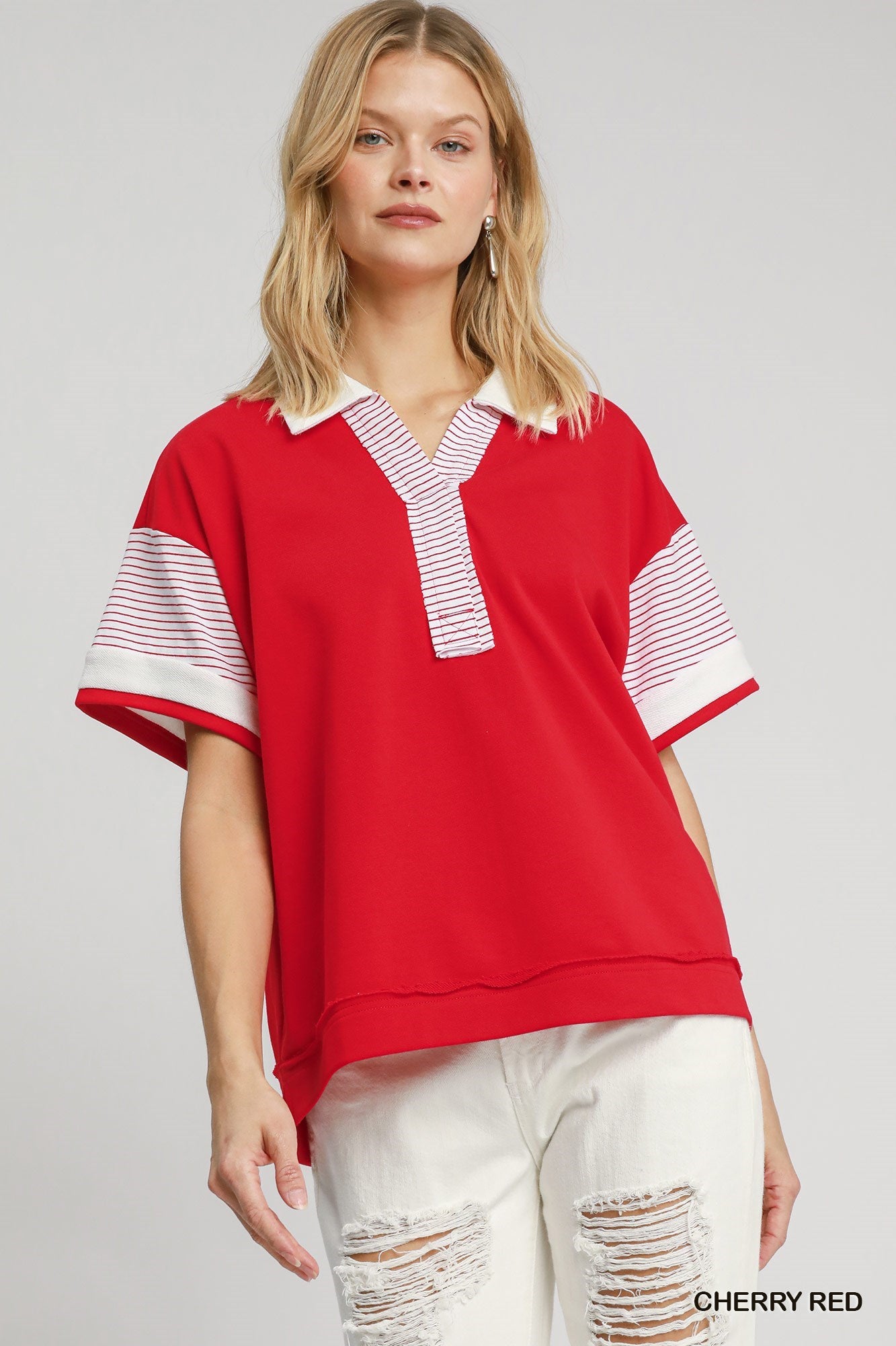 Red Solid & Stripe Contrast French Terry Top