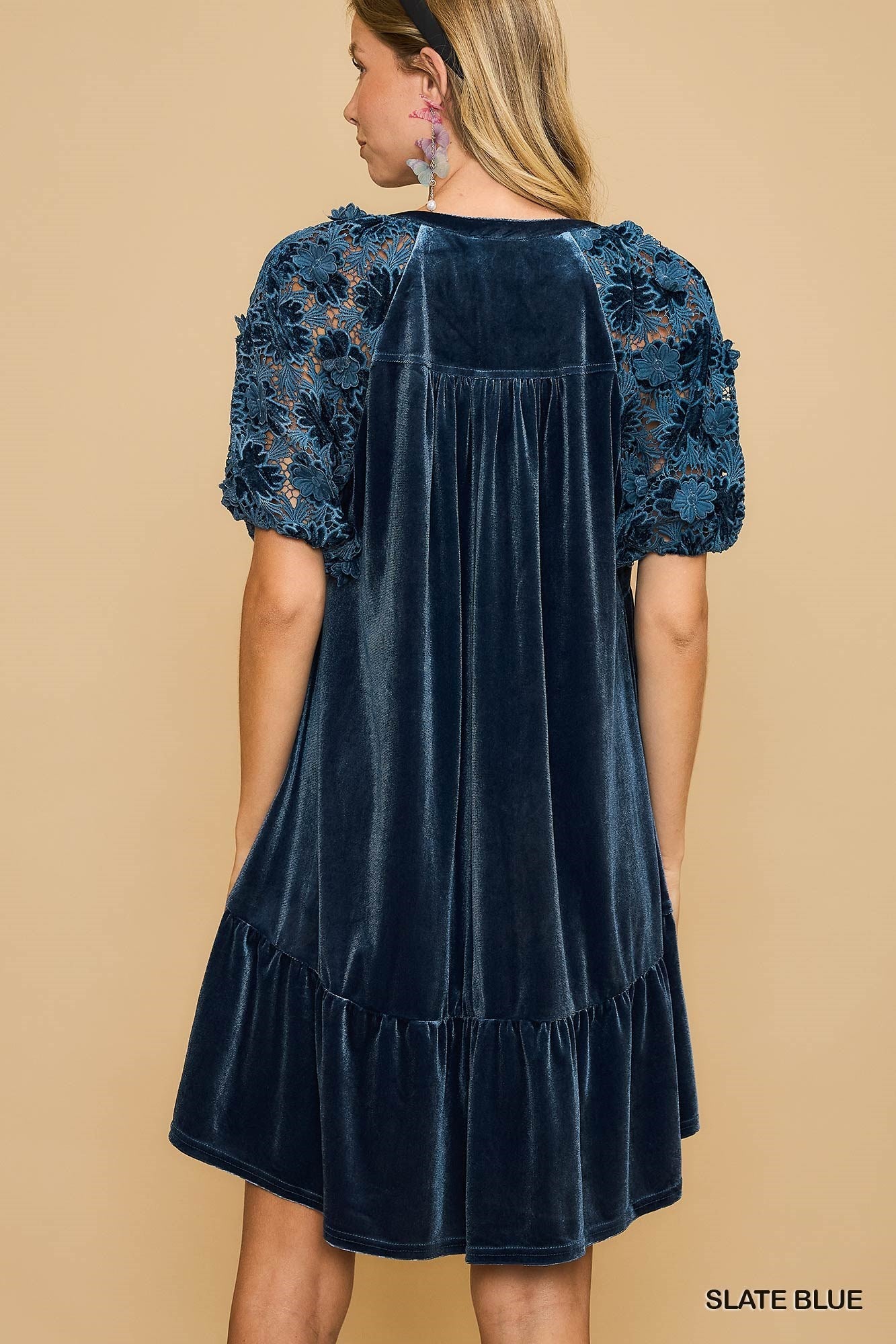 Slate Blue Velvet Tiered Dress w/ Lace Sleeves
