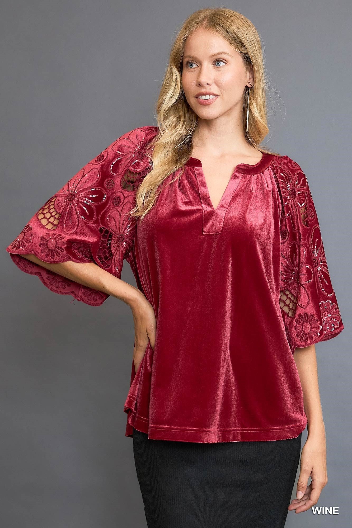 Red Wine Velvet Top w/ Cut Out Lace Sleeves