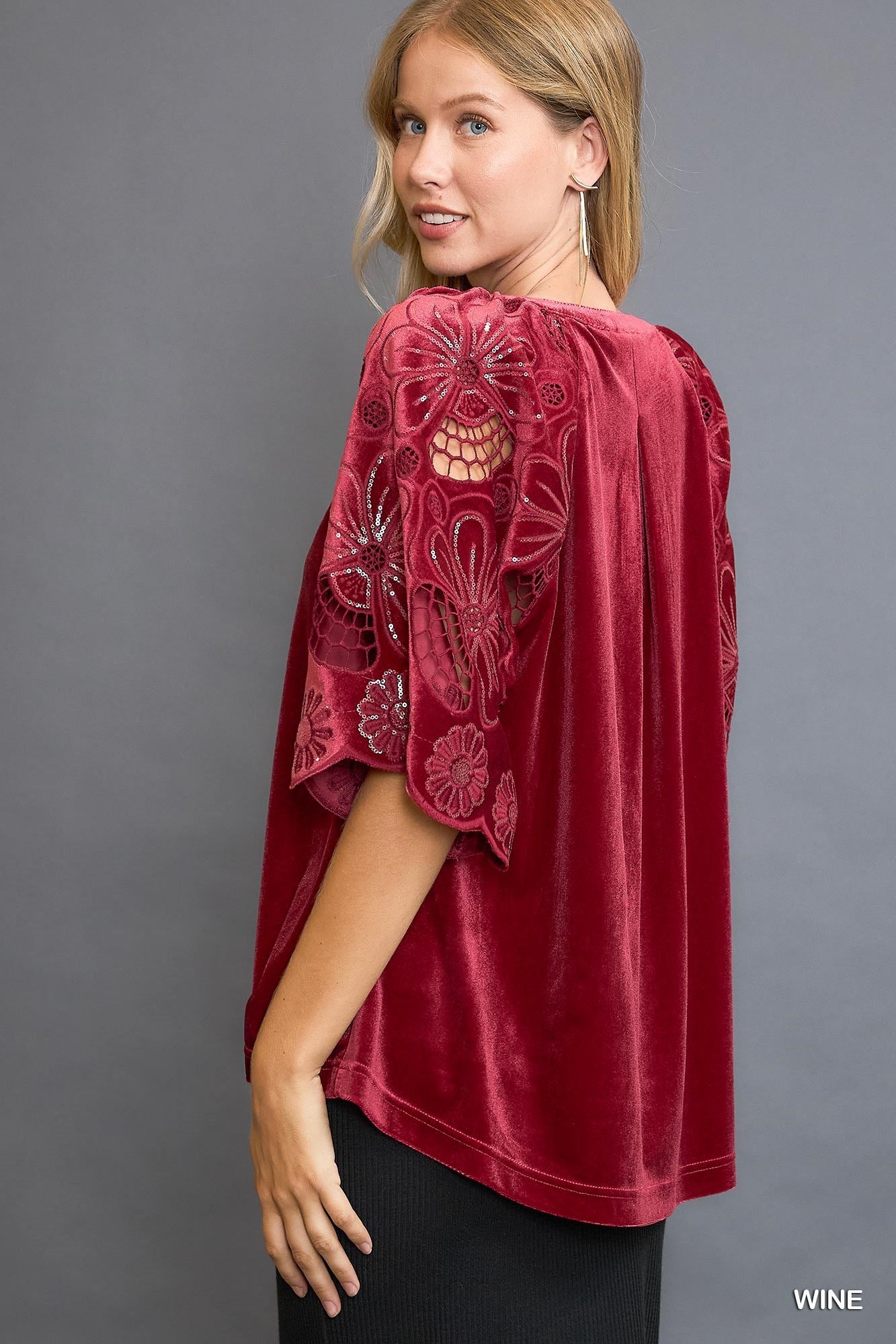 Red Wine Velvet Top w/ Cut Out Lace Sleeves