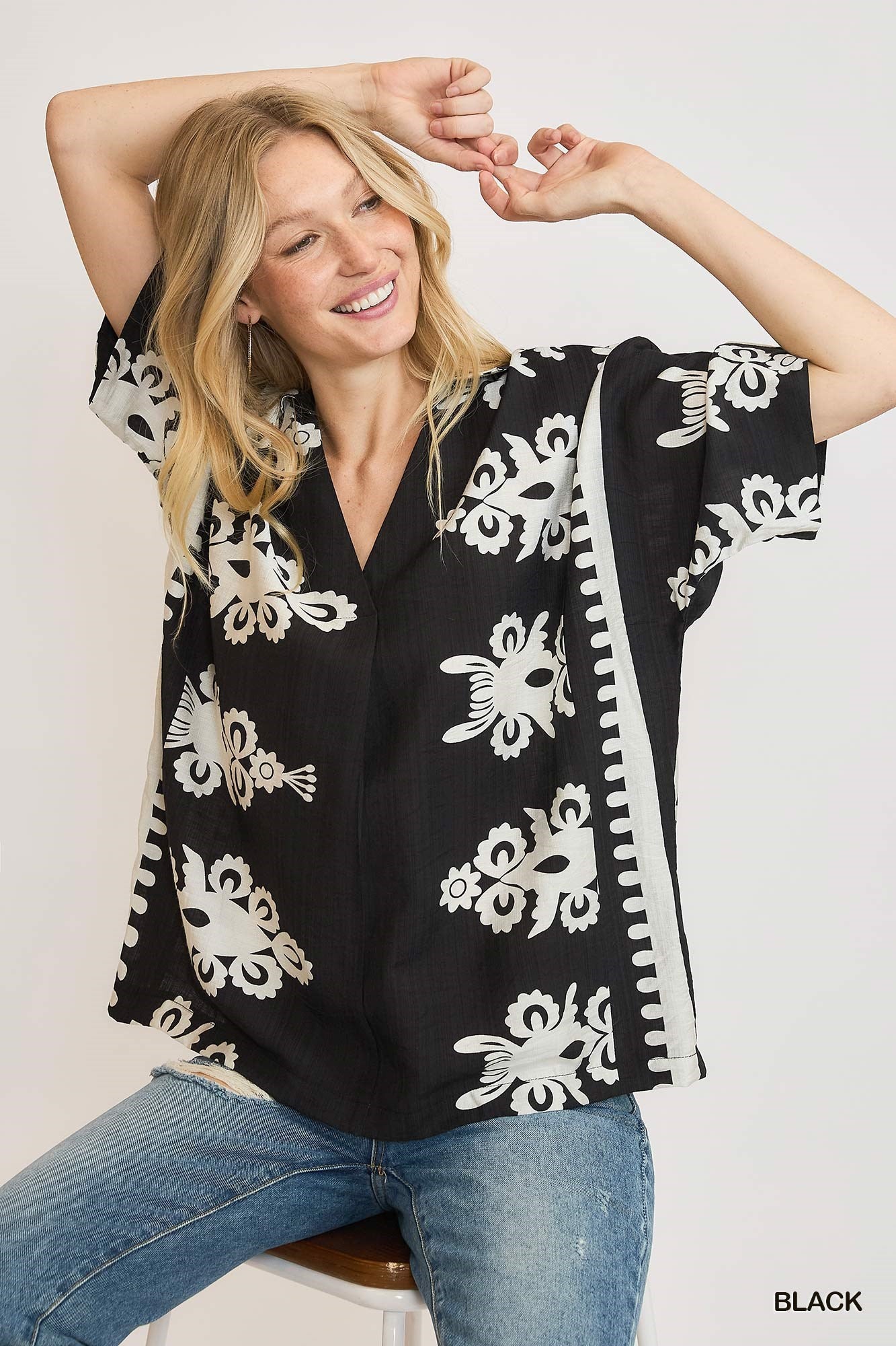 Black & Cream Border Print Oversized Top