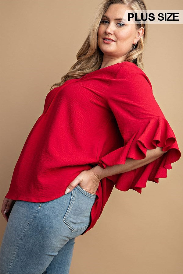 Vibrant Red Ruffled Bell Sleeve Top