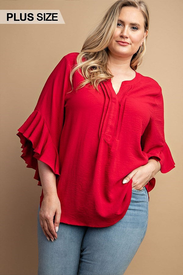 Vibrant Red Ruffled Bell Sleeve Top