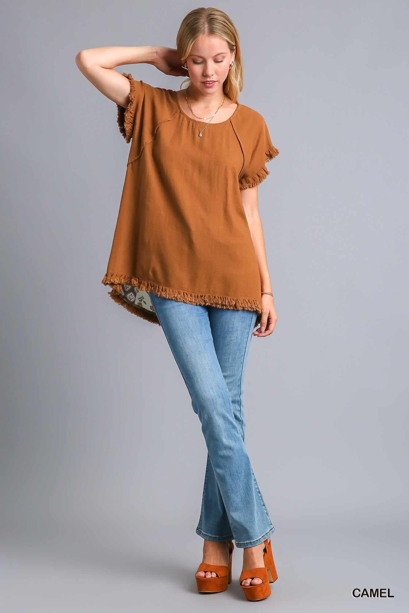 Camel Linen Blend Top w/ Mixed Print Back