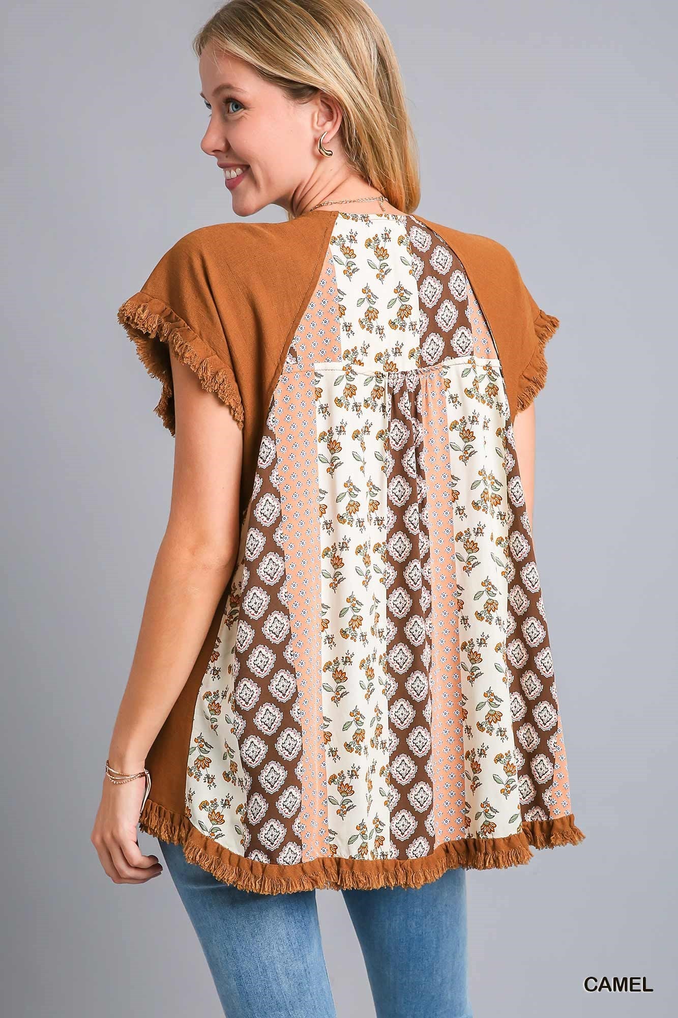 Camel Linen Blend Top w/ Mixed Print Back