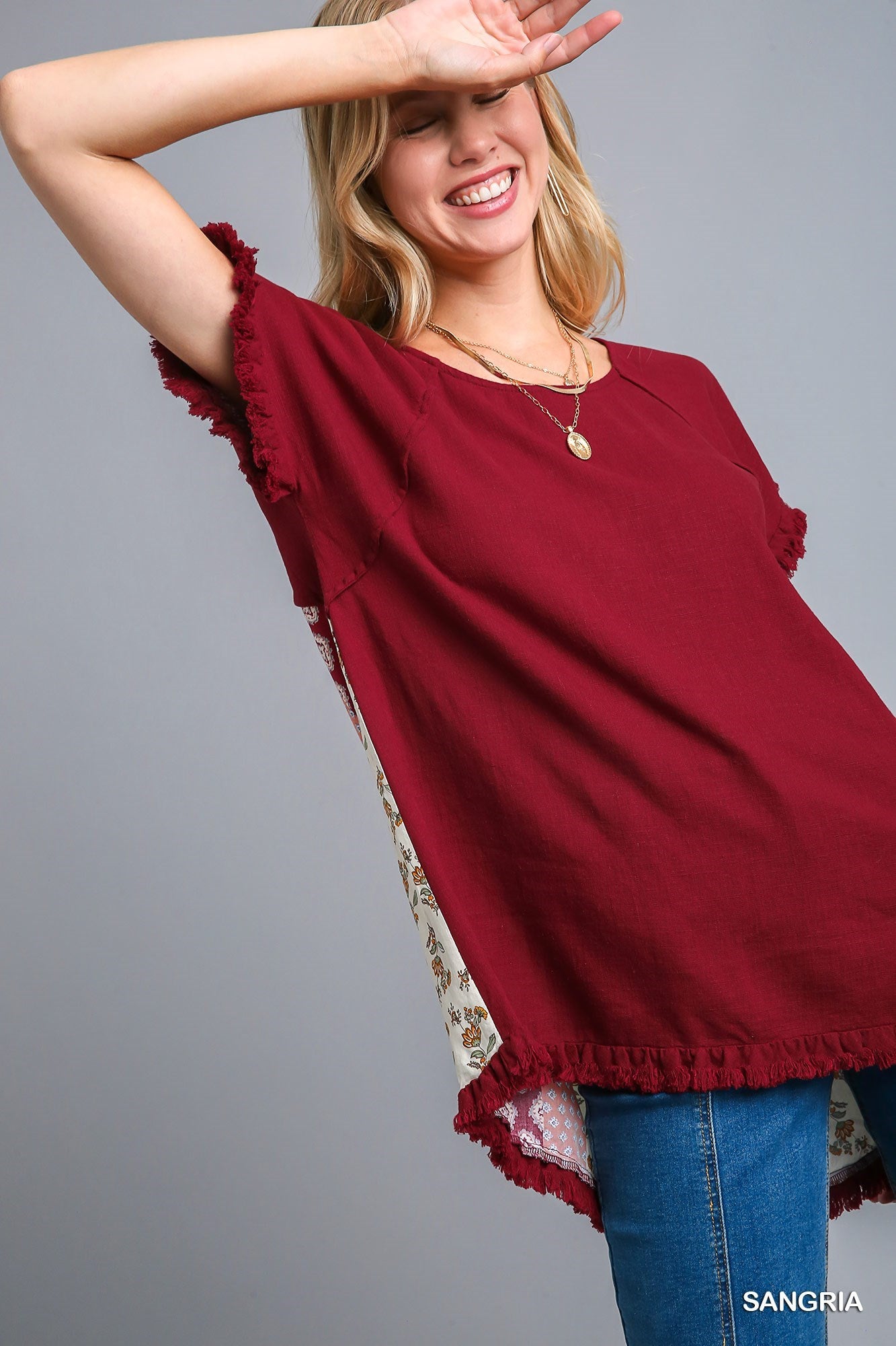 Sangria Linen Blend Top w/ Mixed Print Back