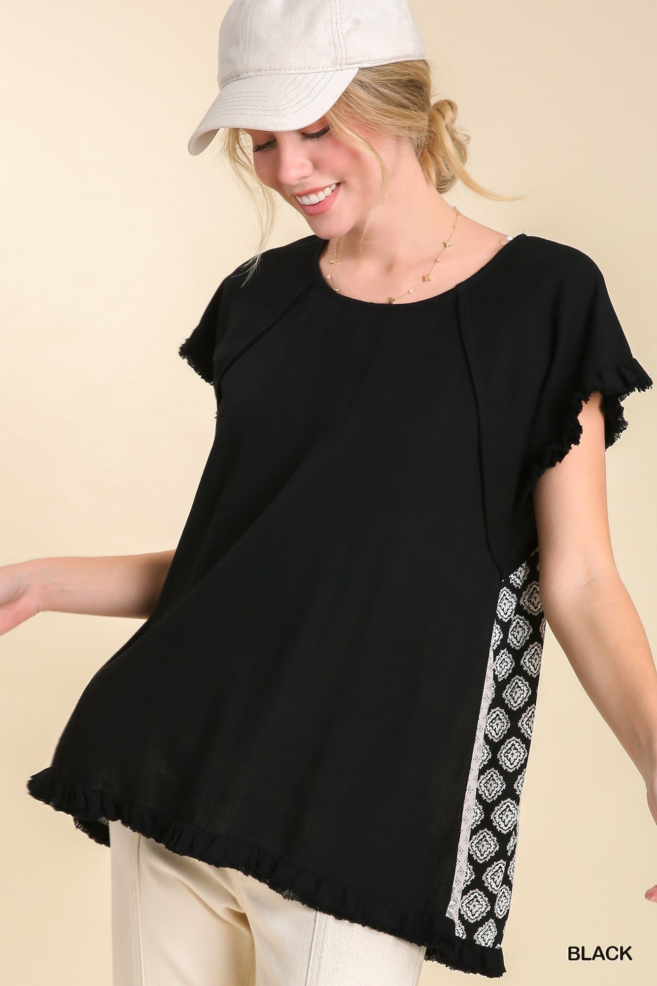 Black Linen Blend Top w/ Mixed Print Back