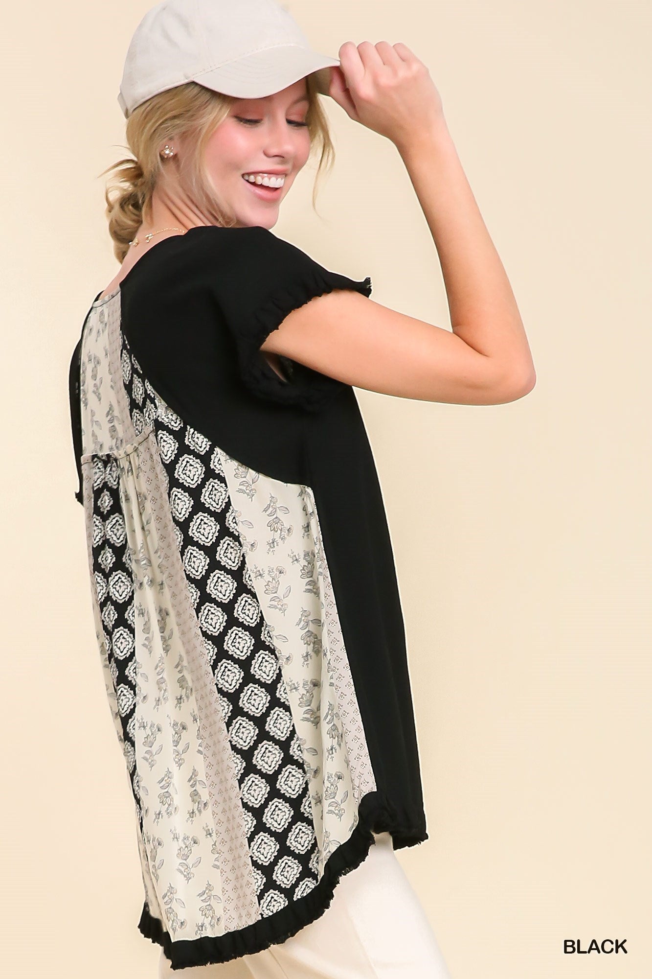 Black Linen Blend Top w/ Mixed Print Back