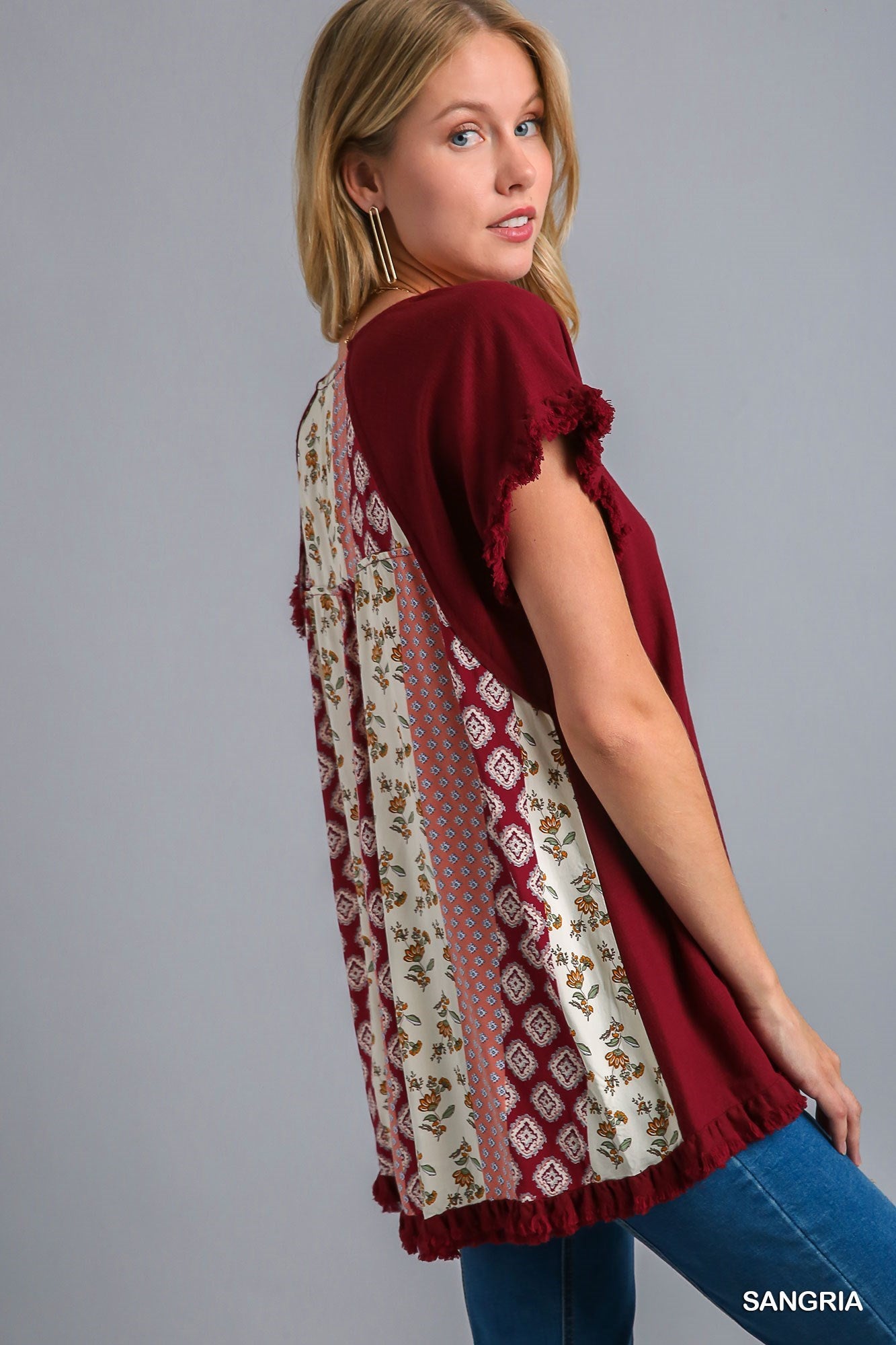 Sangria Linen Blend Top w/ Mixed Print Back