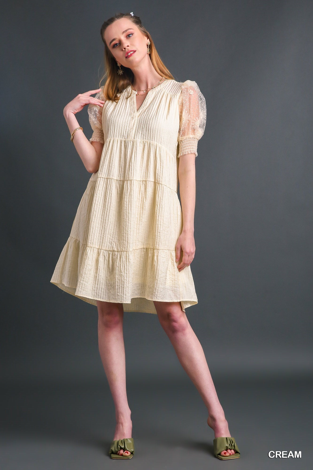 Cream Crinkle Tiered Dress w/ Mesh Sleeves