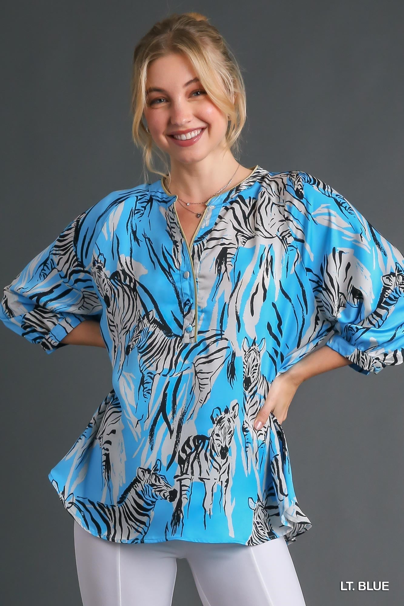 Turquoise Satin Zebra Print Hi/Lo Top