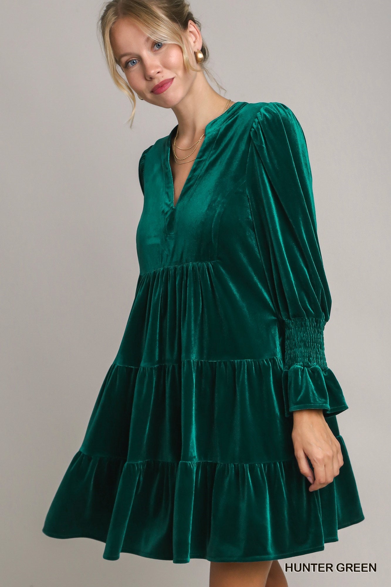hunter green Velvet Tiered Dress w/ Smocked Sleeves