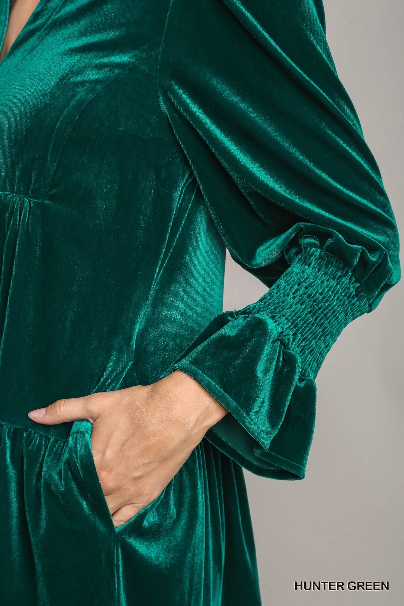 hunter green Velvet Tiered Dress w/ Smocked Sleeves