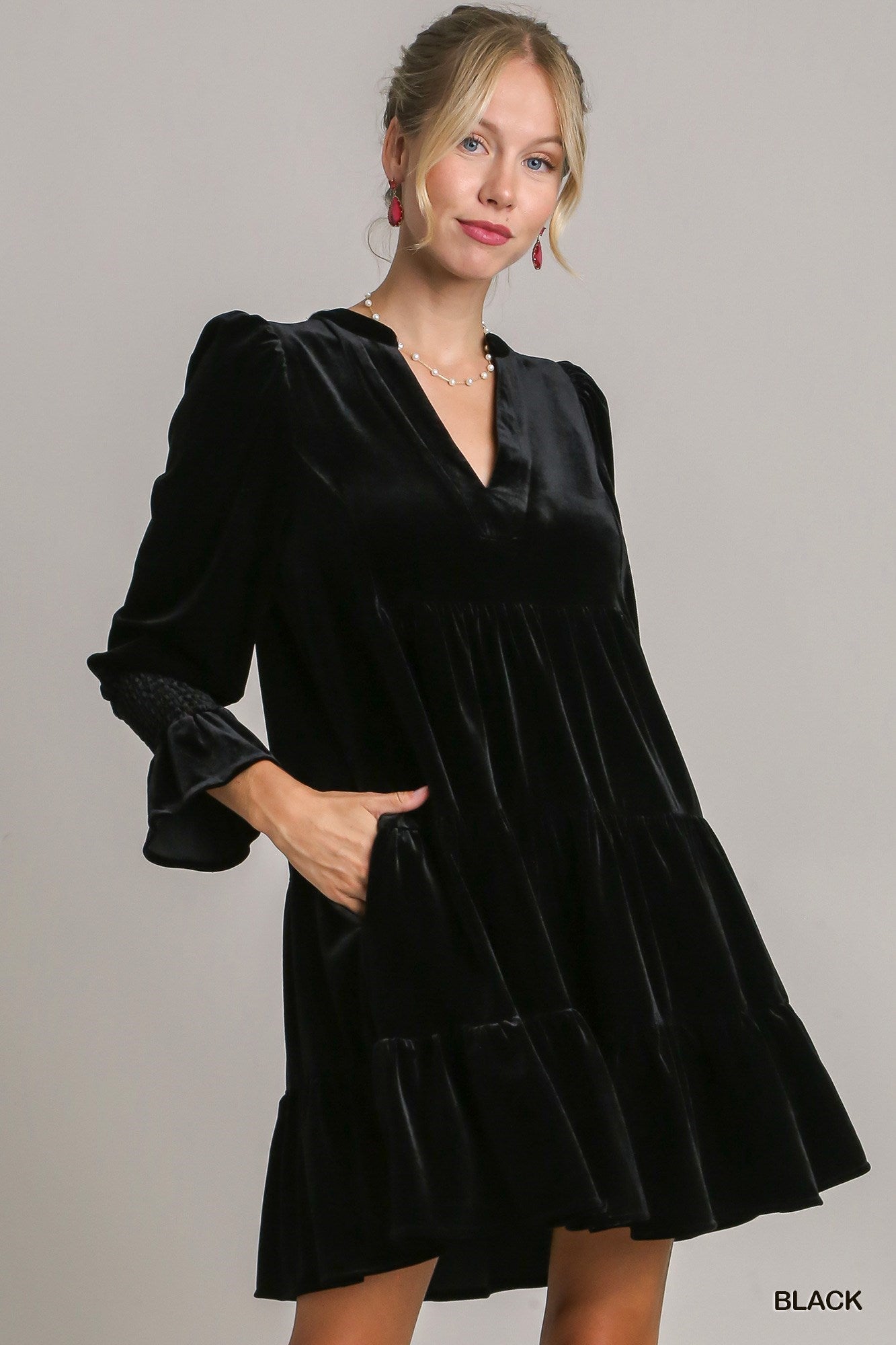 Black Velvet Tiered Dress w/ Smocked Sleeves