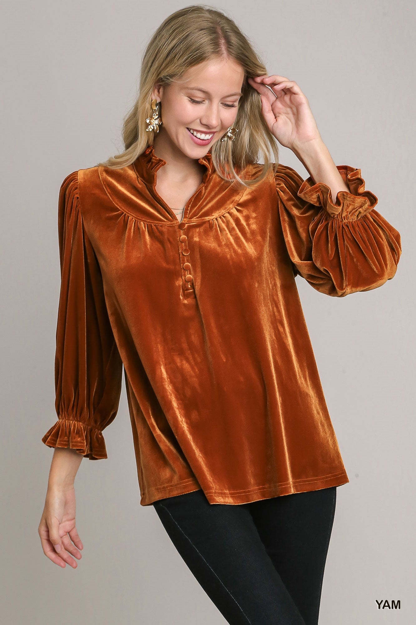 Rust Velvet High Ruffle Neckline Top