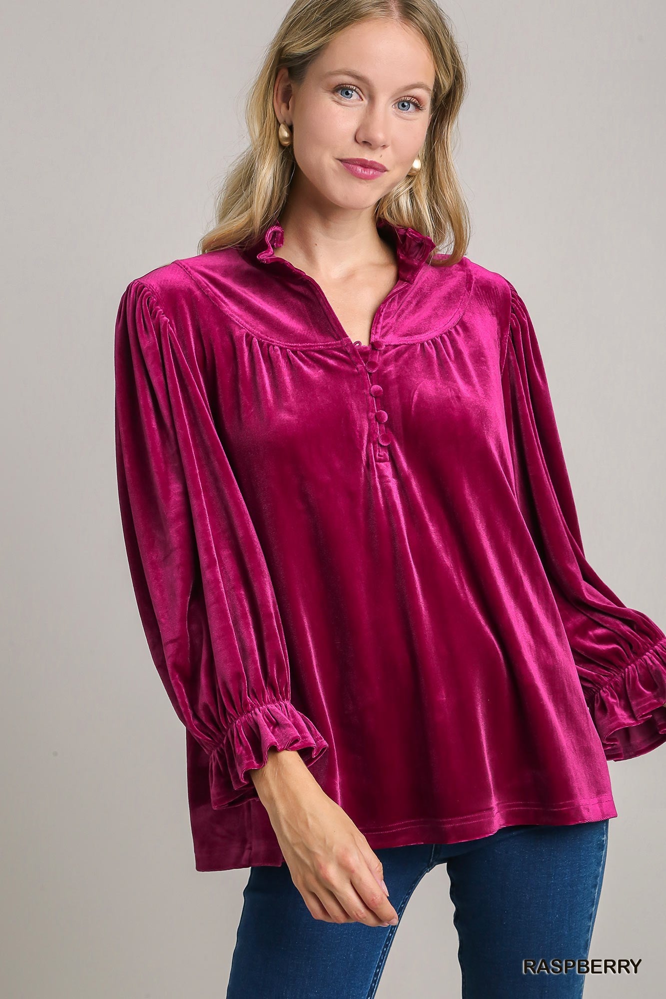 Raspberry Velvet High Ruffle Neckline Top