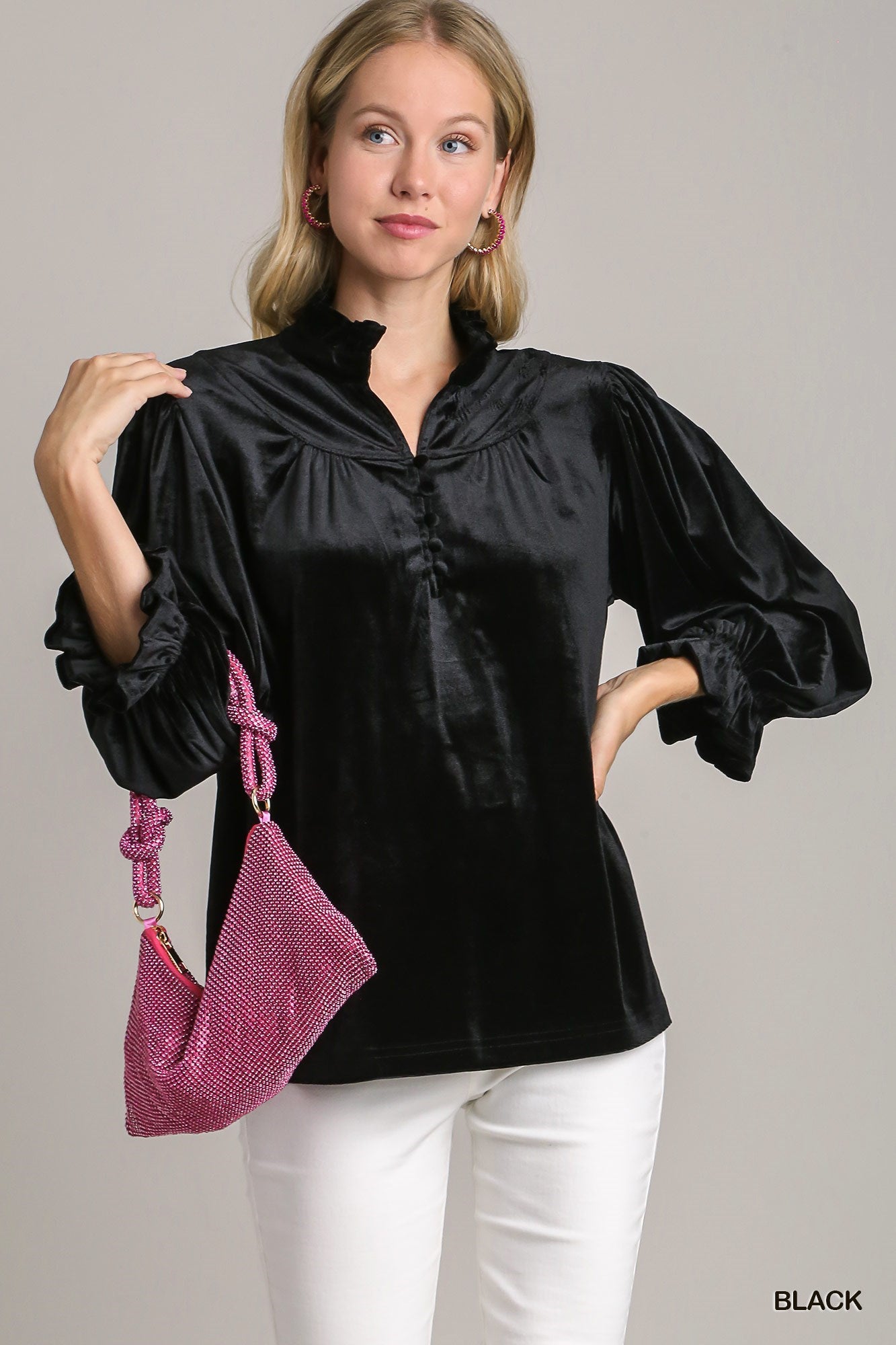 Black Velvet High Ruffle Neckline Top