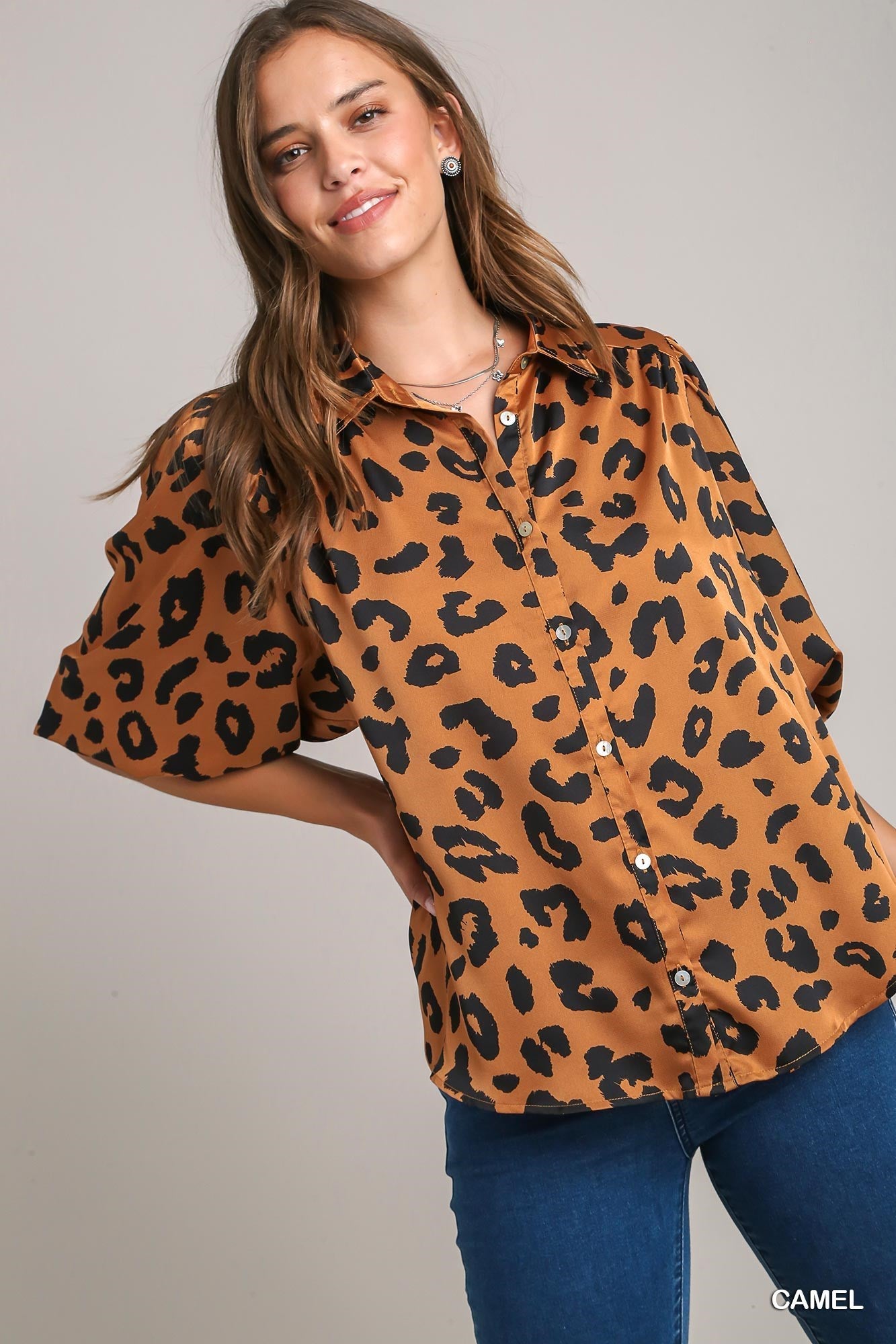 Camel & Black Satin Leopard Printed Top