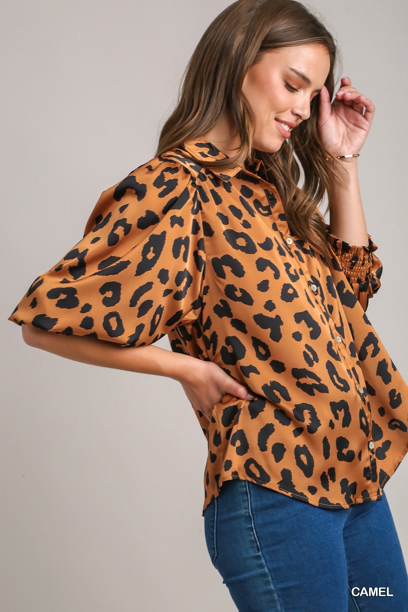 Camel & Black Satin Leopard Printed Top