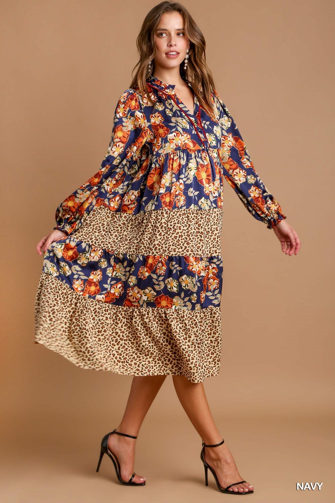 Navy Floral & Animal Print Midi Dress