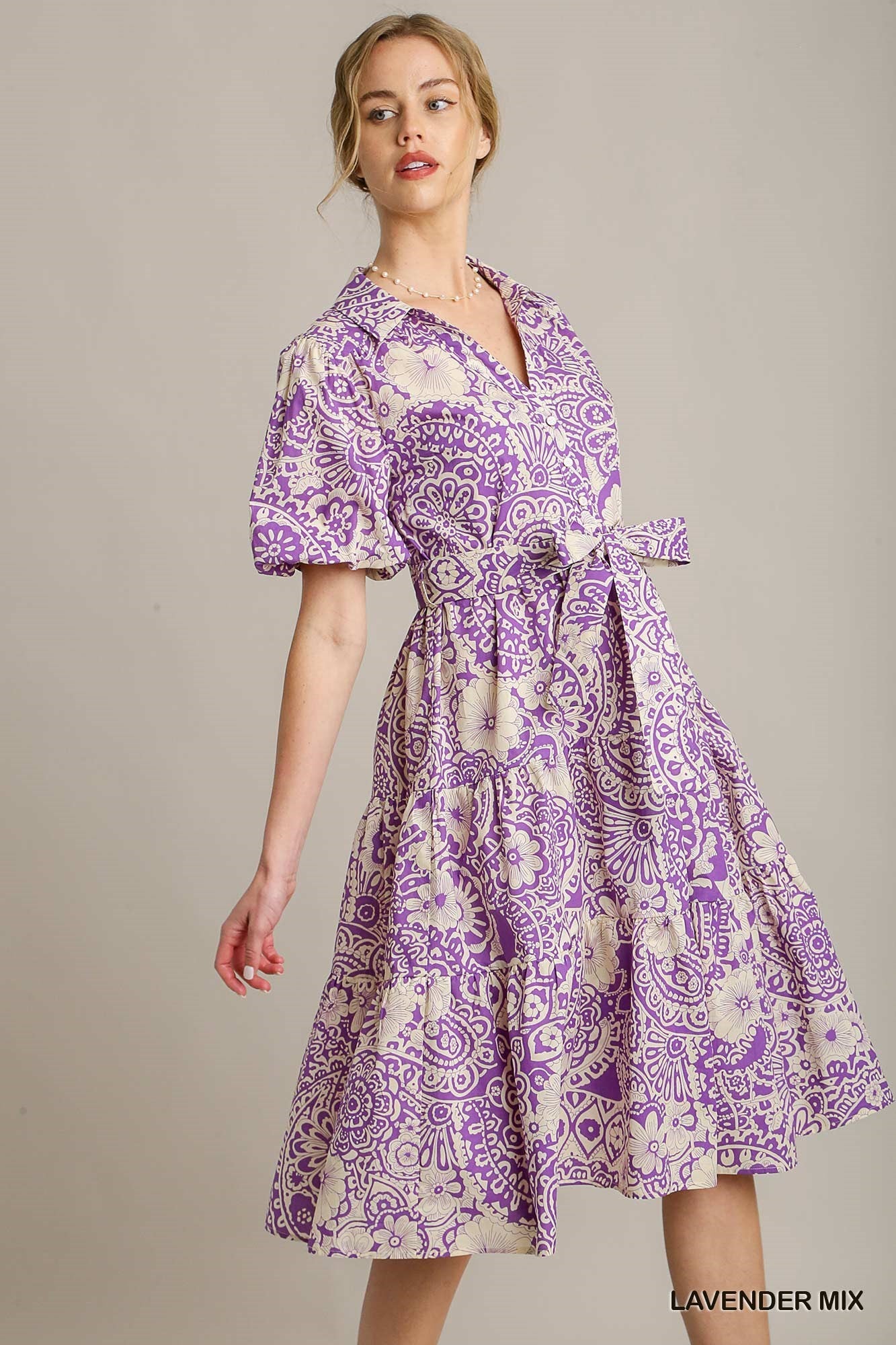 Lavender Mix A-LIne Tiered Midi Dress
