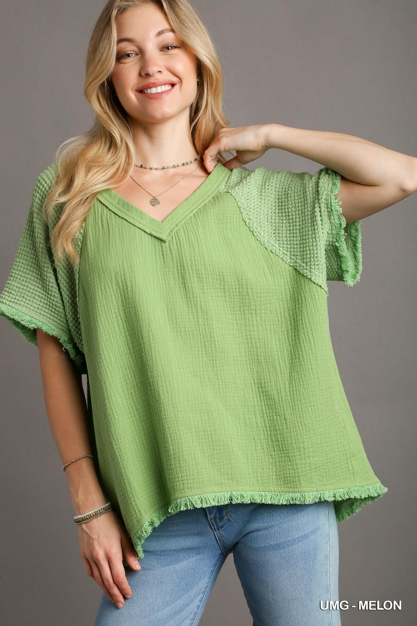 Green Melon Cotton Gauze Boxy Cut Top w/ Waffle Knit Sleeves
