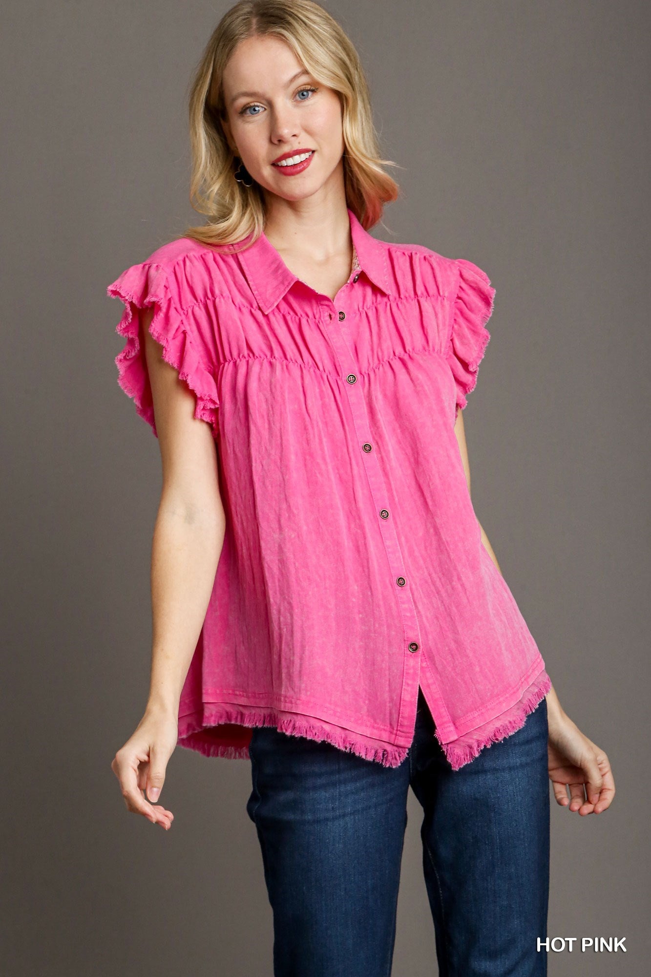 Hot Pink Mineral Wash Button Down Top