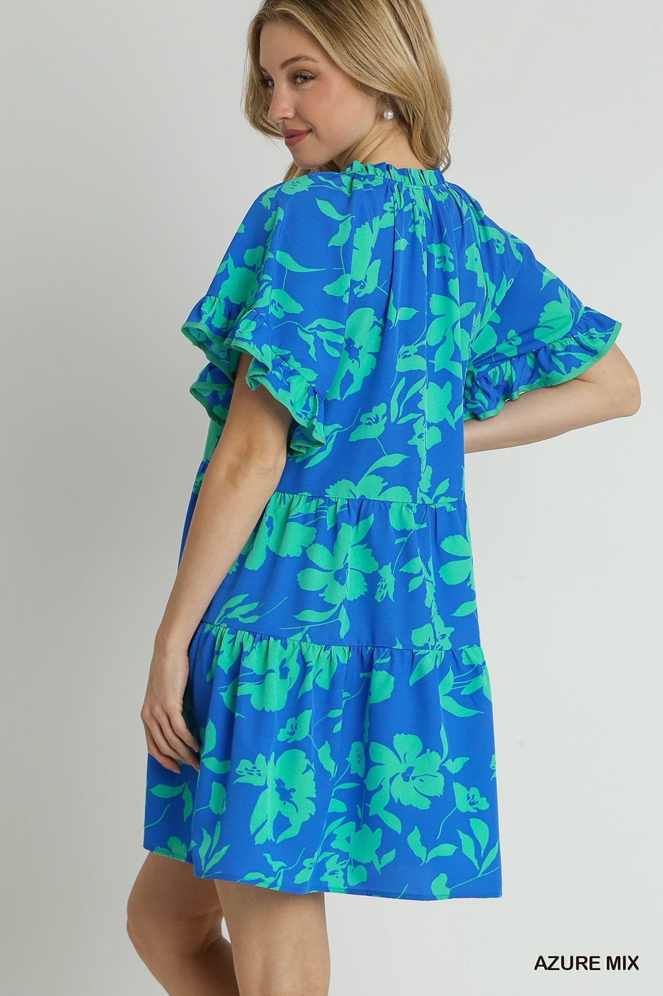Azure Mix Floral Print Tiered Dress