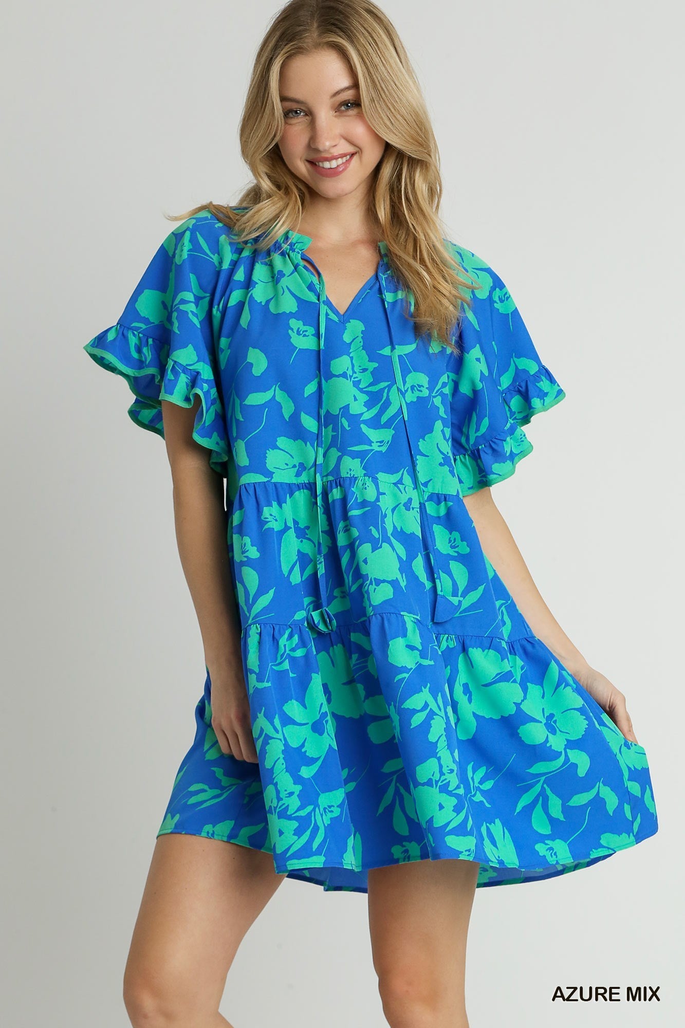 Azure Mix Floral Print Tiered Dress