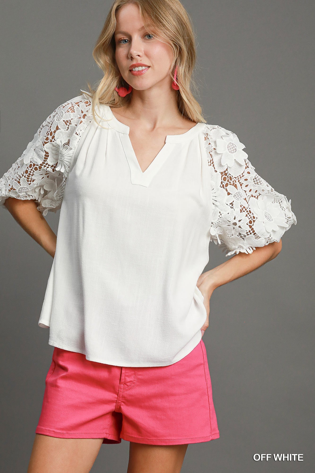 White Linen Blend Blouse with 3D Floral Lace Sleeves