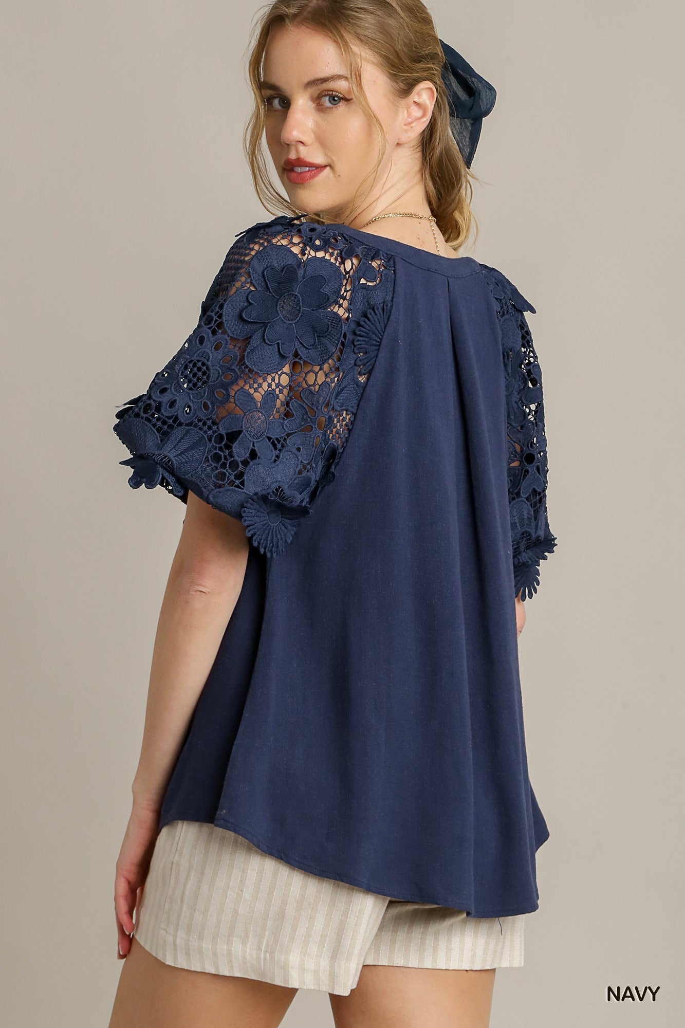 Navy Blue Linen Blend Top w/ Floral Lace Puff Sleeves