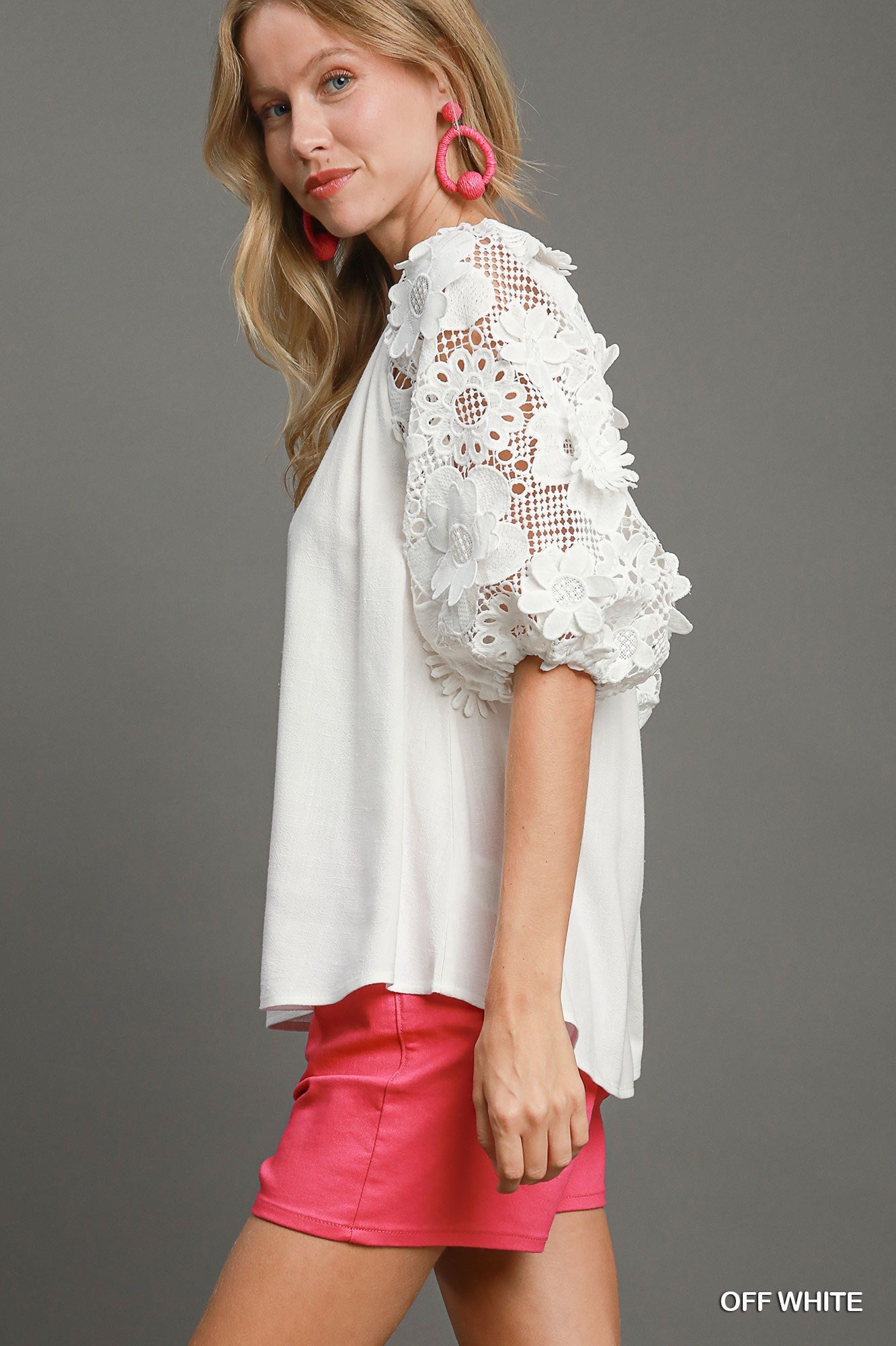 White Linen Blend Blouse with 3D Floral Lace Sleeves
