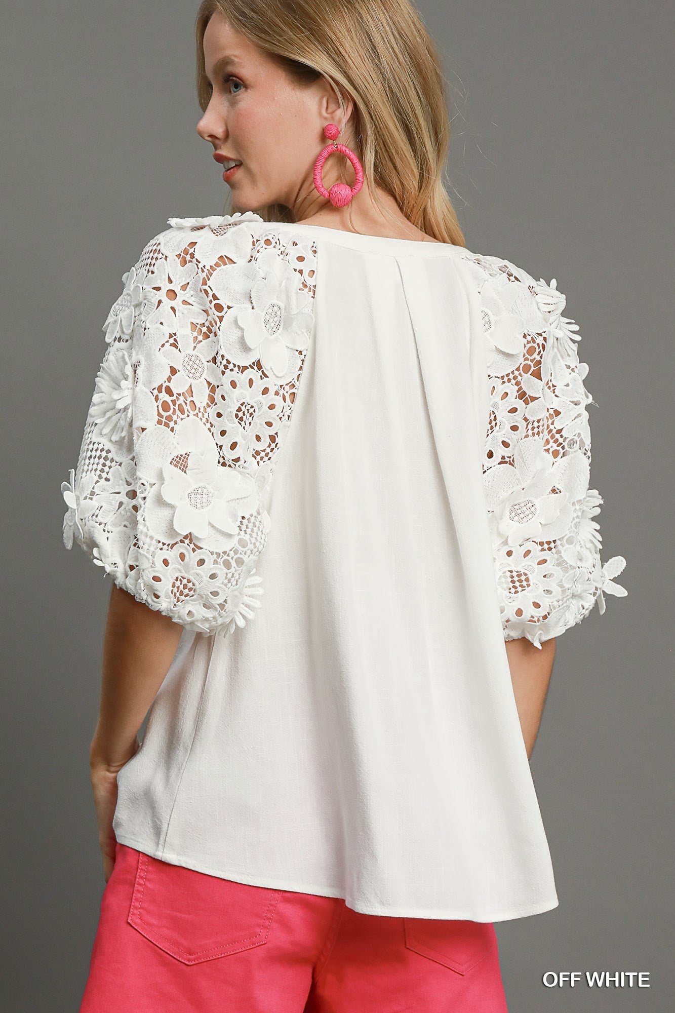 White Linen Blend Blouse with 3D Floral Lace Sleeves