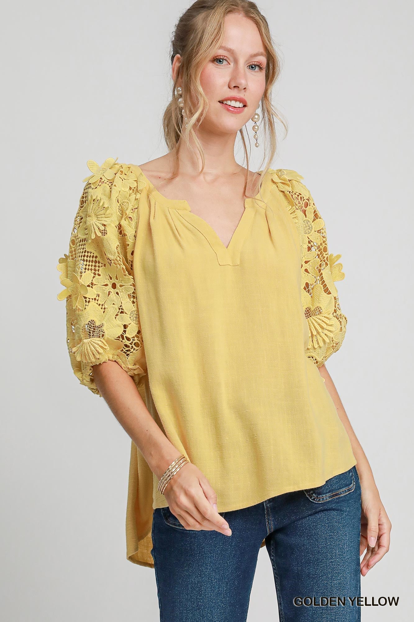 Golden Yellow Linen Blend Blouse with 3D Floral Lace Sleeves