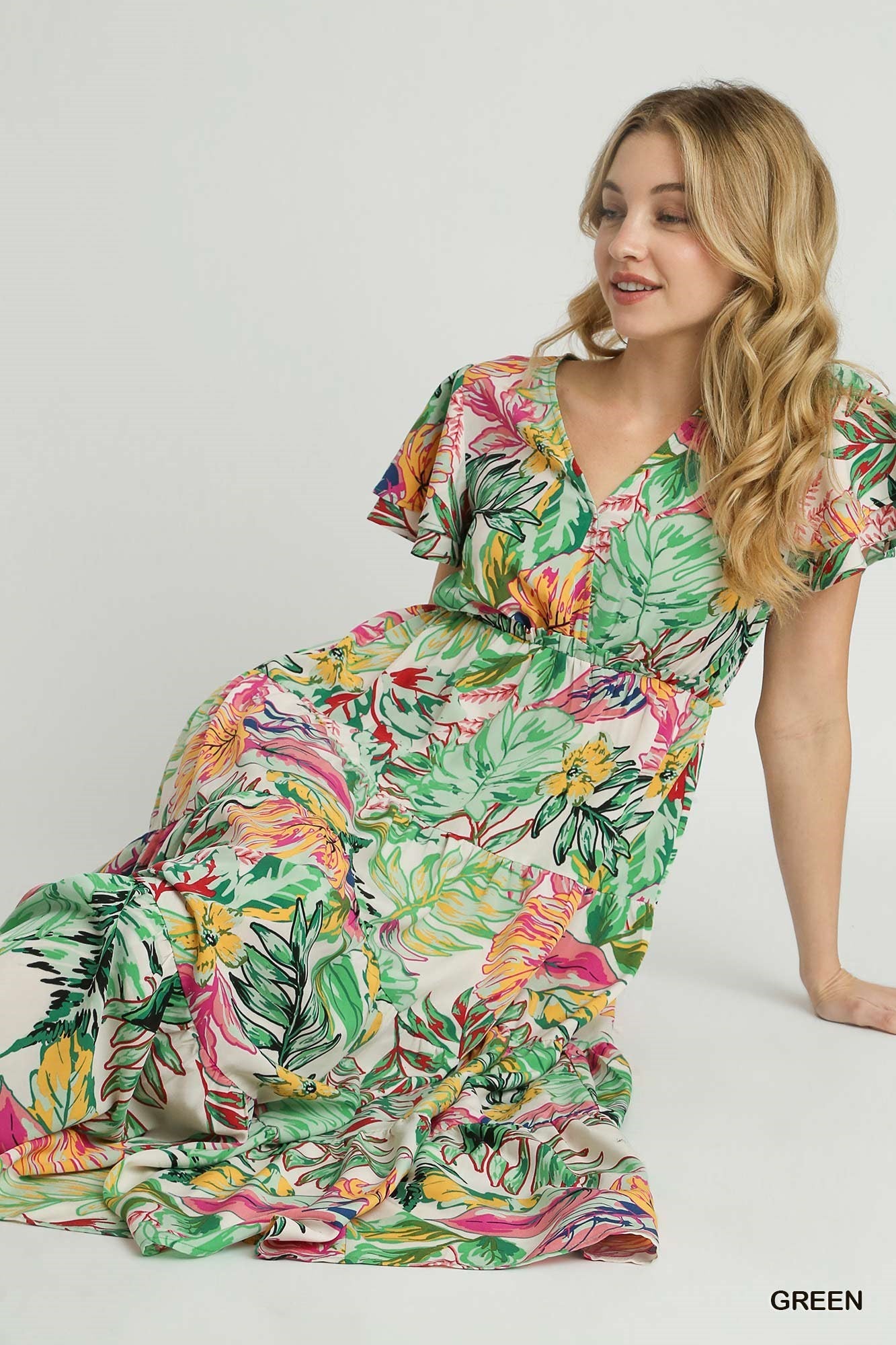 Palm Leaf Print and Floral V-Neck Dress