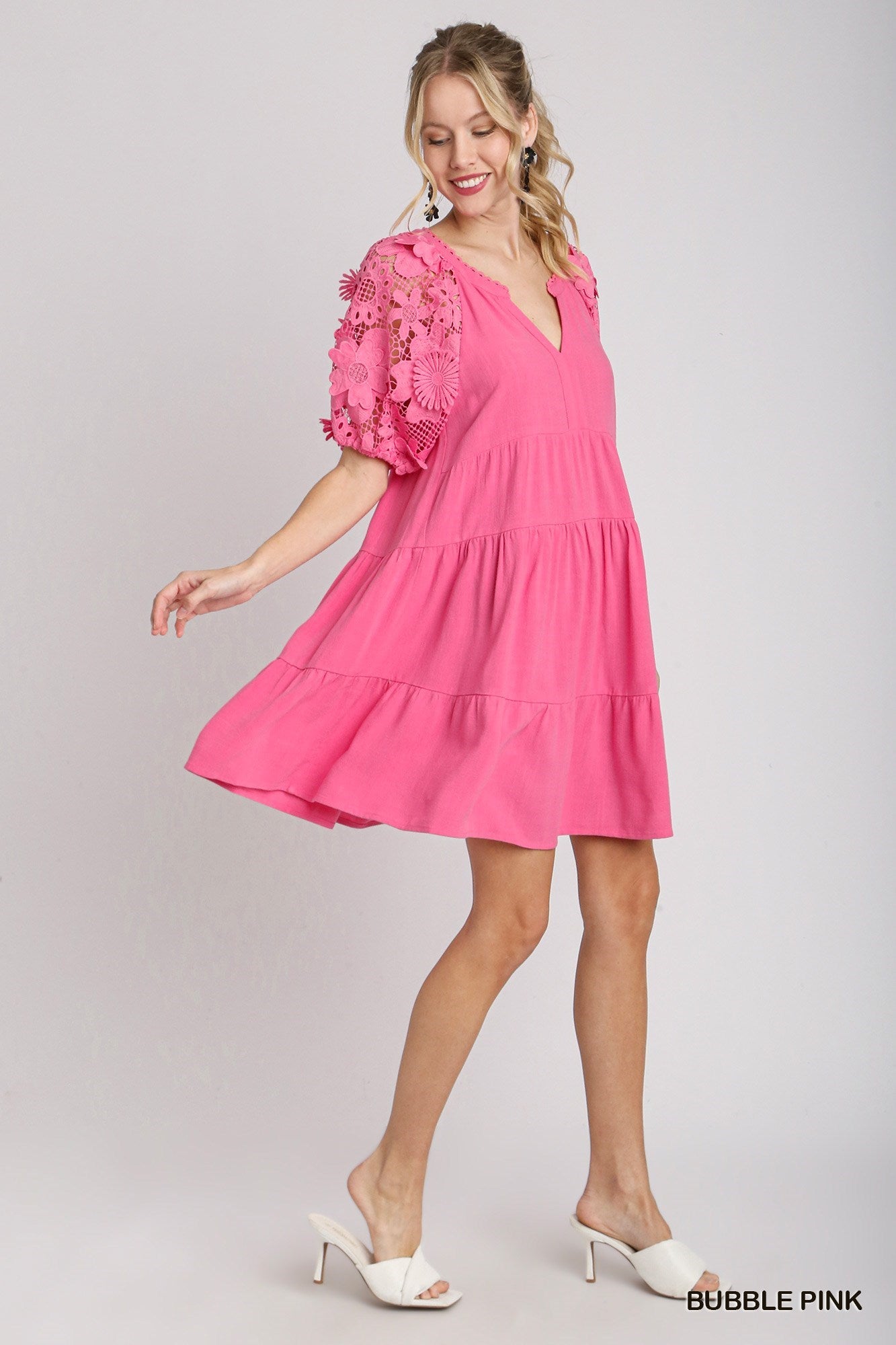 Bubble Gum Pink Linen Blend Tiered  Dress w/ Fabulous Sleeves