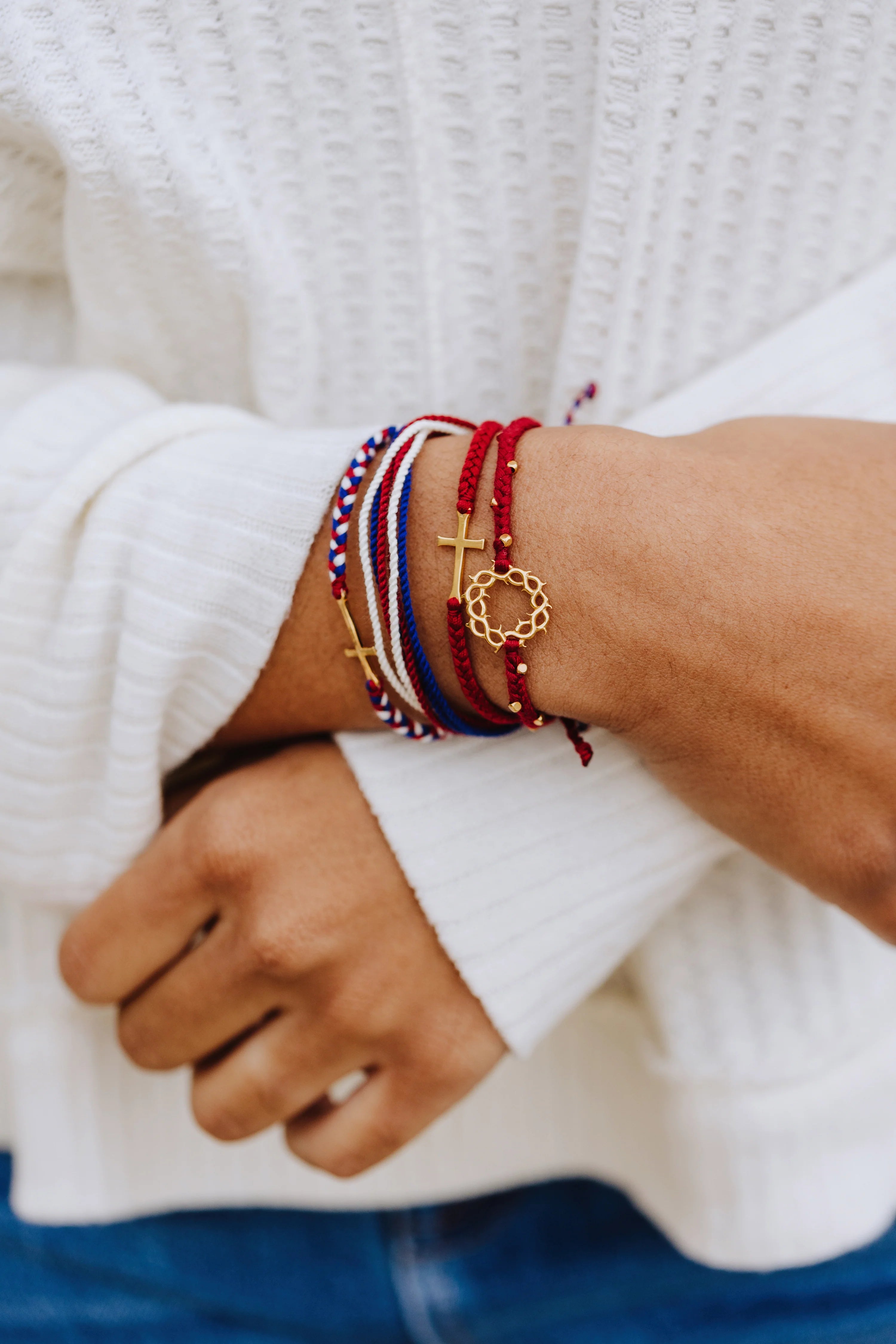 Stay Salty Cross Garnet Braided Cord Bracelet- Gold