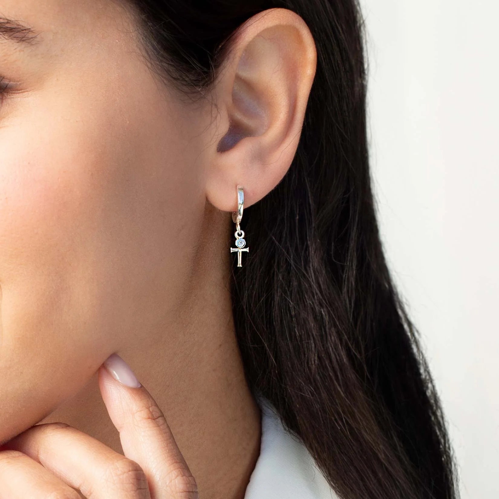 Calvary Cross Huggie Hoop Earrings-Silver