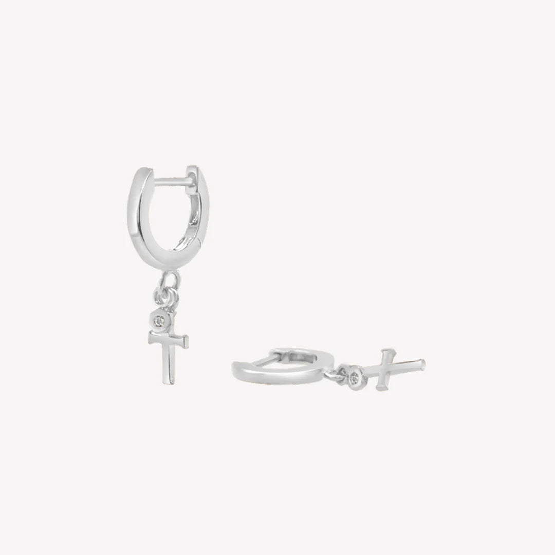 Calvary Cross Huggie Hoop Earrings-Silver