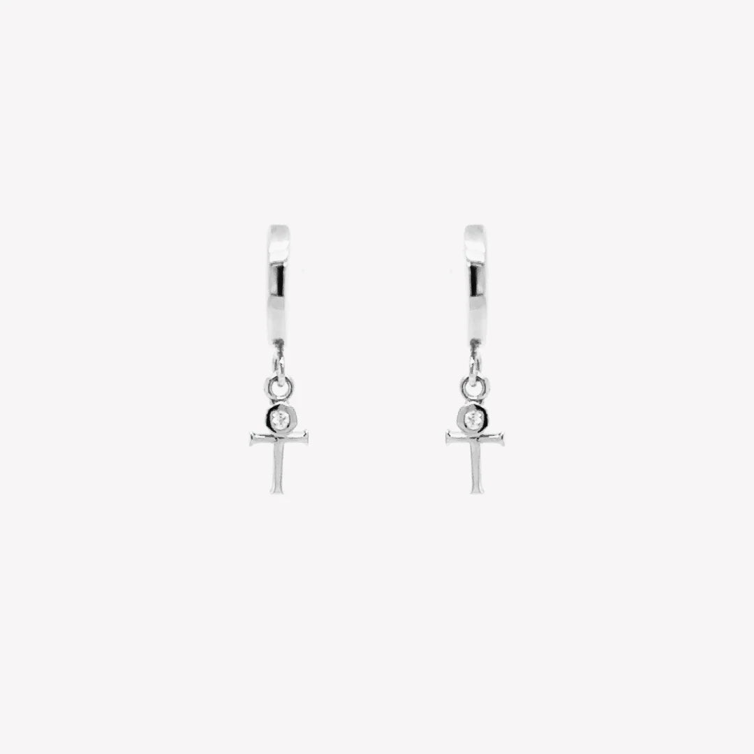 Calvary Cross Huggie Hoop Earrings-Silver