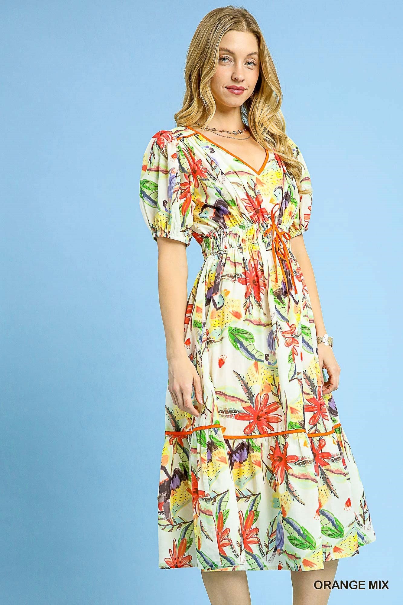 Orange Mix Tropical Parrot Print Tiered Midi Dress