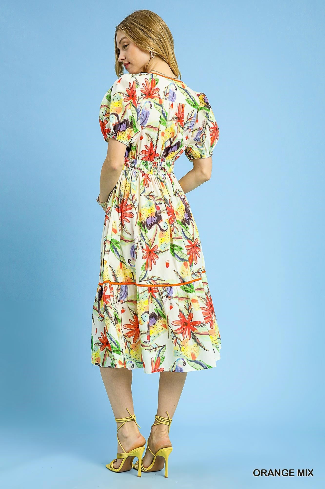 Orange Mix Tropical Parrot Print Tiered Midi Dress