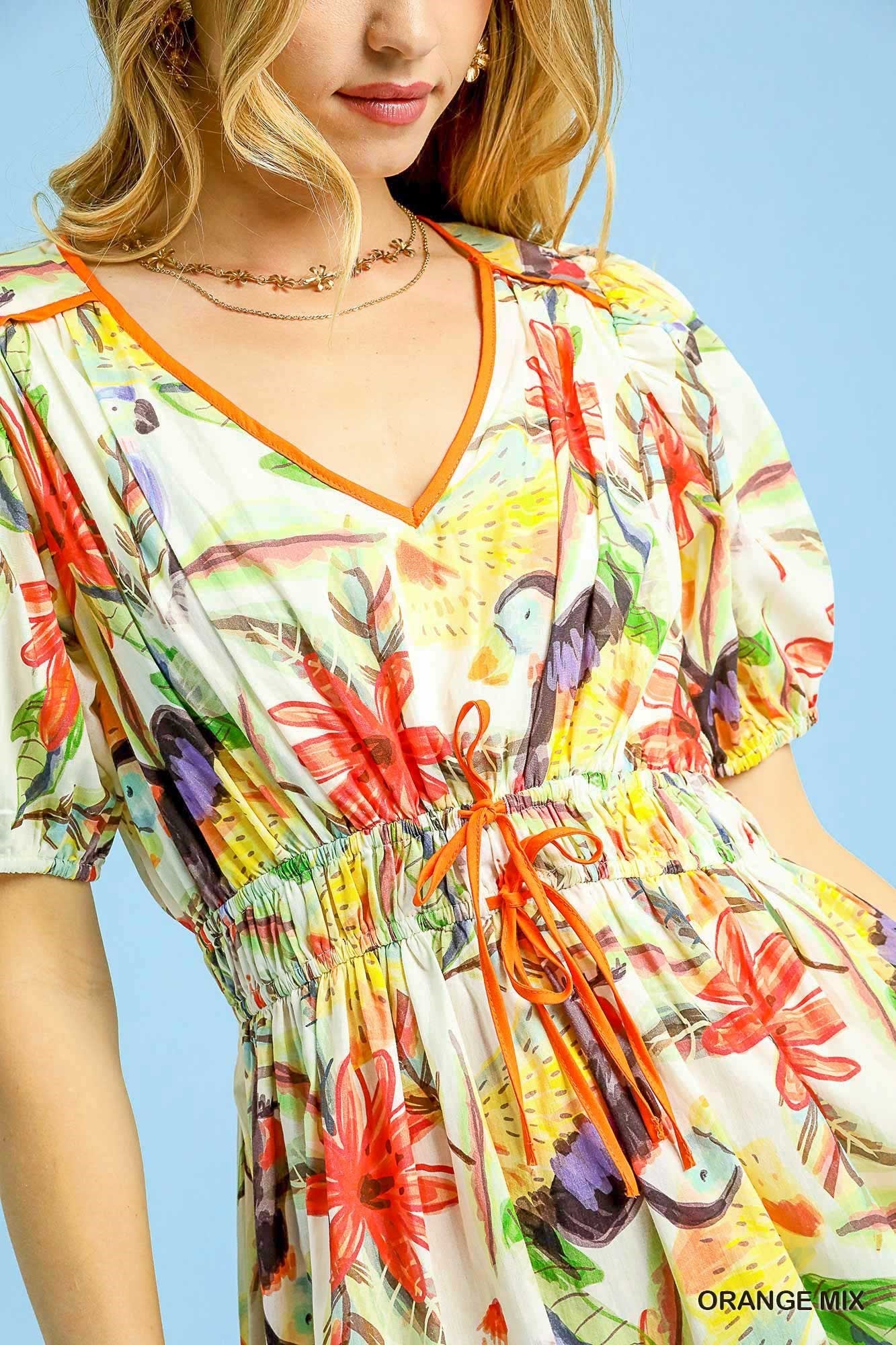 Orange Mix Tropical Parrot Print Tiered Midi Dress