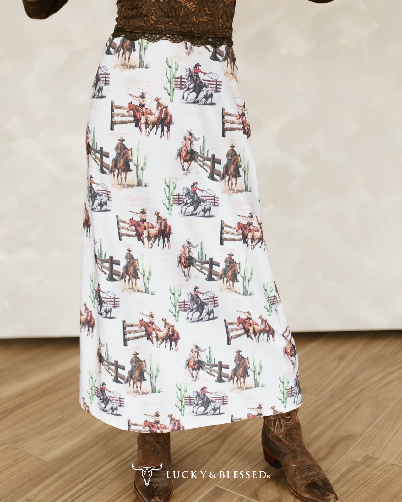 Western Desert Printed Cowboy High Waisted Skirt