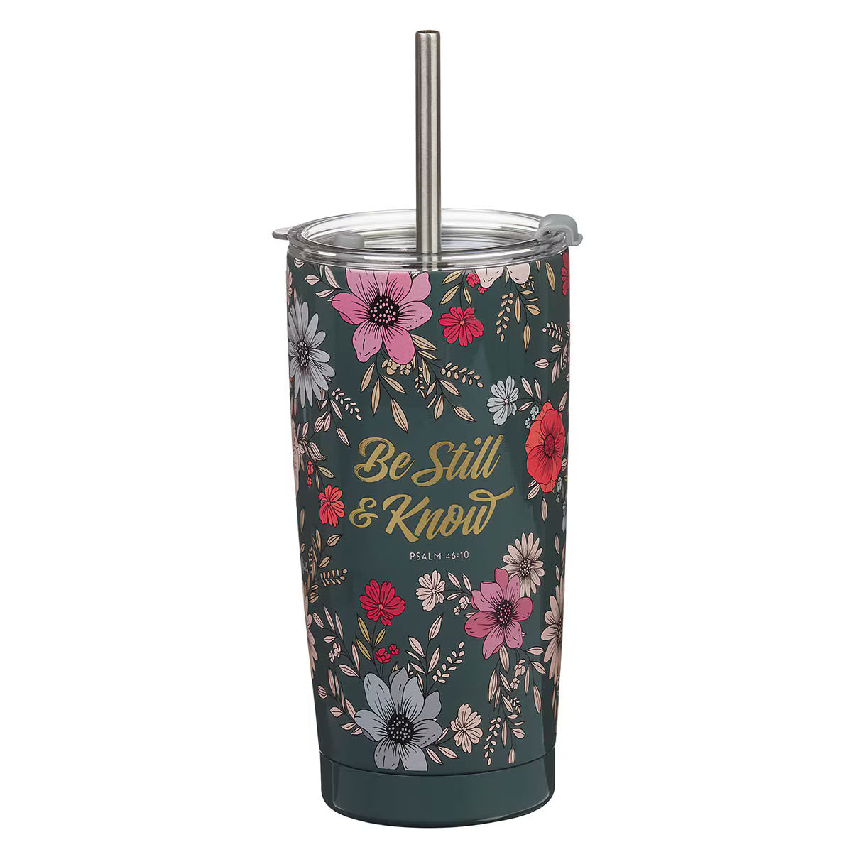 Be Still & Know Teal Botanical Stainless Steel Tumbler With Reusable Straw - Psalm 46:10