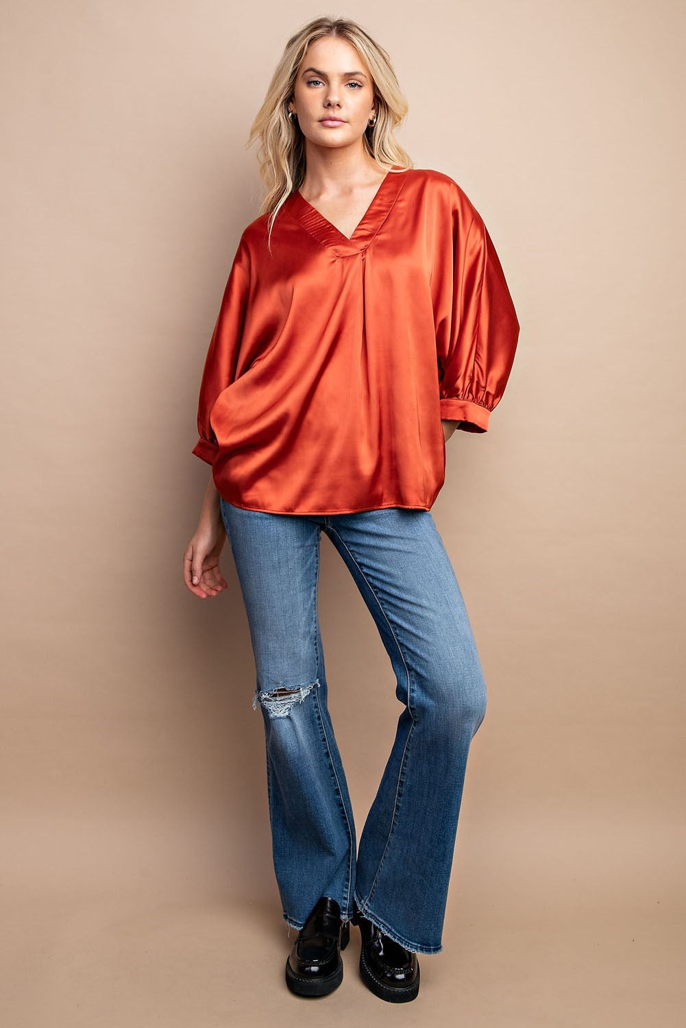 Rust Satin V-Neck Loose Fit Blouse