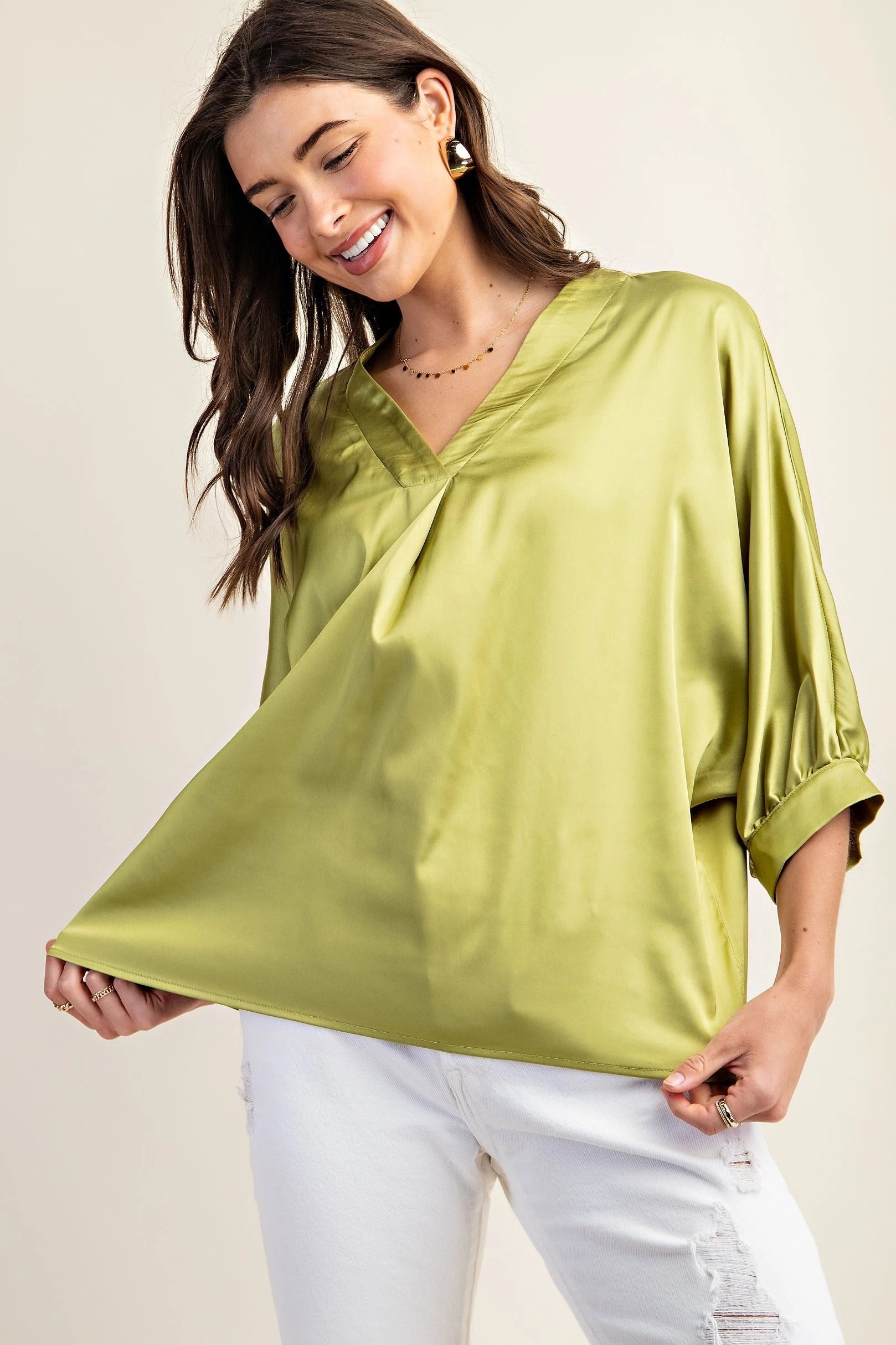 Apple Green Satin V-Neck Loose Fit Blouse